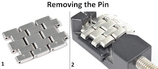 Close-up images showing the correct orientation and tool setup for removing a pin from an Omega Seamaster bracelet link