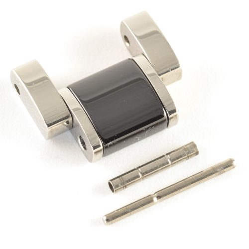 One TAG Heuer steel and black ceramic bracelet link with pin and tube on a white background
