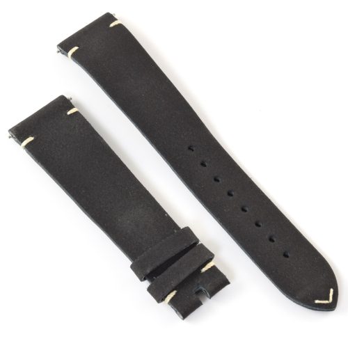 Authentic Omega black leather watch strap with a matte finish and cream decorative stitching, featuring a tapered design from 19mm to 16mm