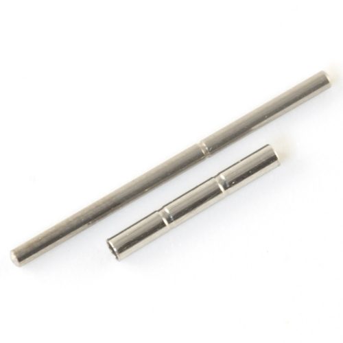 UK-made stainless steel watch link pin and tube set showing the precision-machined double groove system on the barrel for a secure mechanical lock